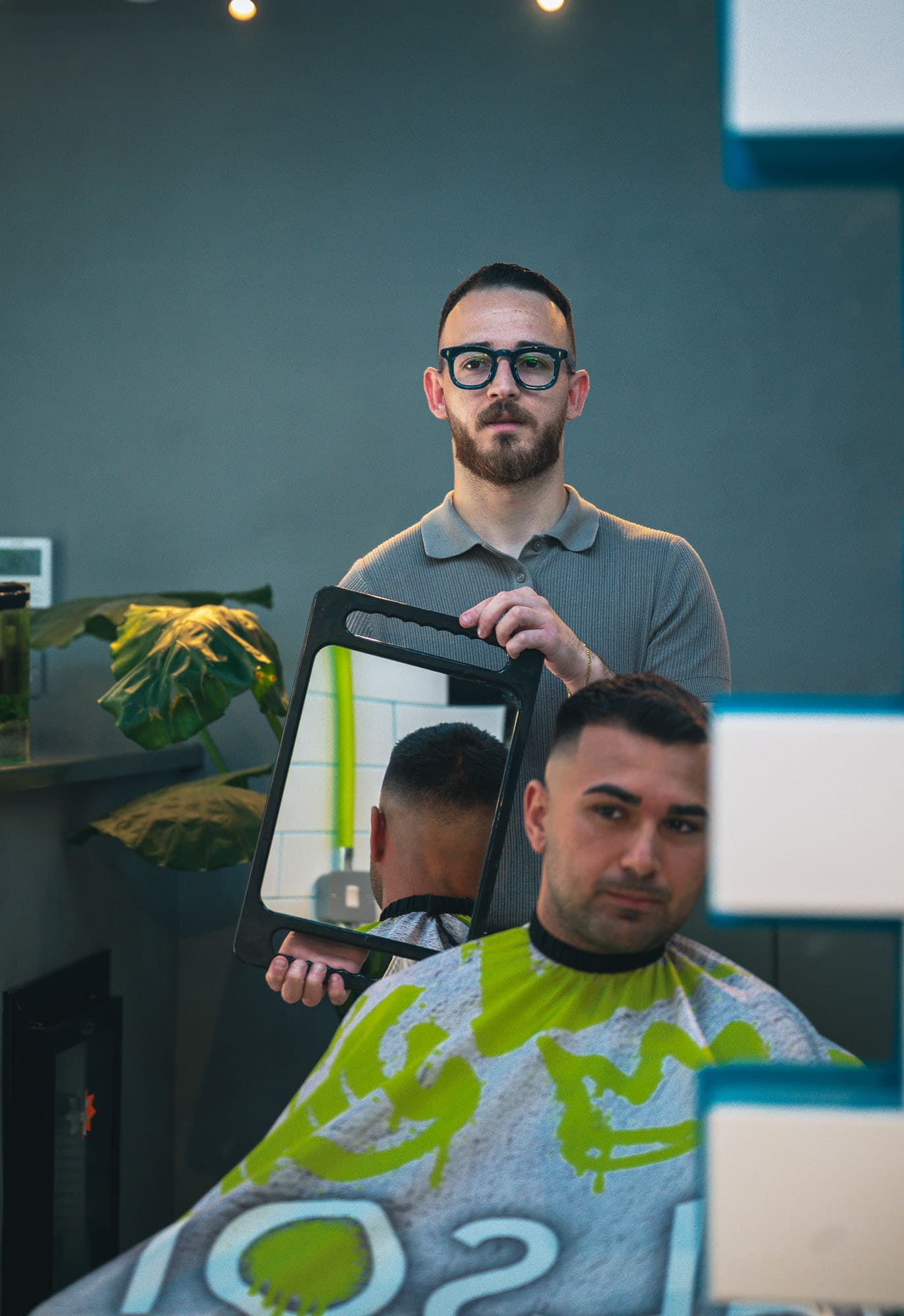 Finished haircut viewed in the mirror